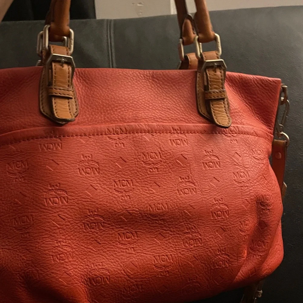 MCM Orange Embossed Leather Medium Two-way Bag W/ Detachable Strap EUC